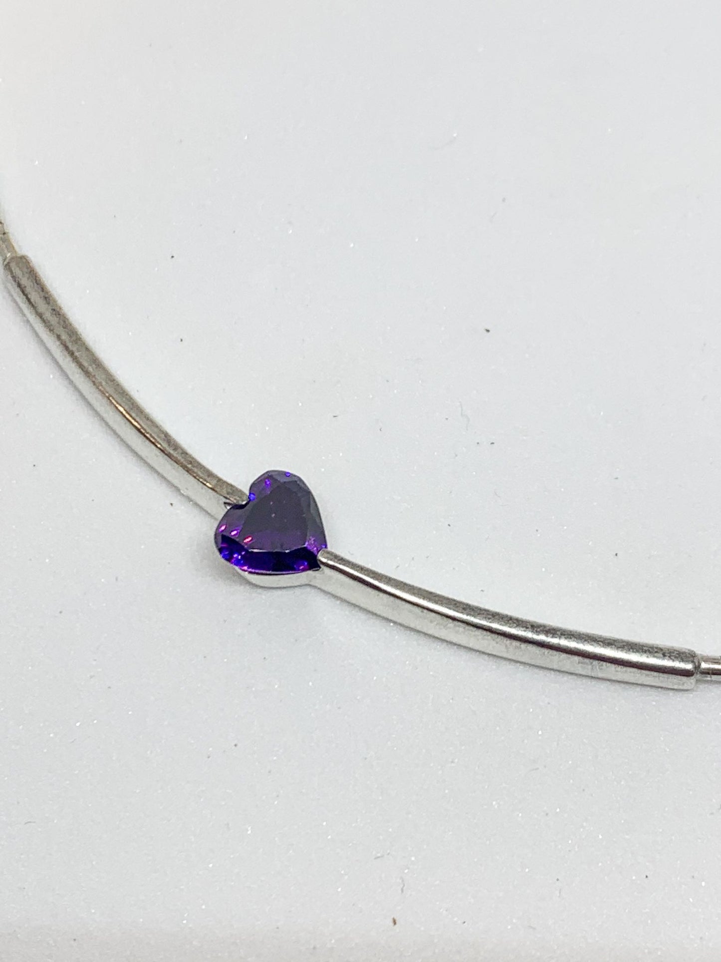 Amethyst Heart Omega Necklace - Solid Sterling Silver