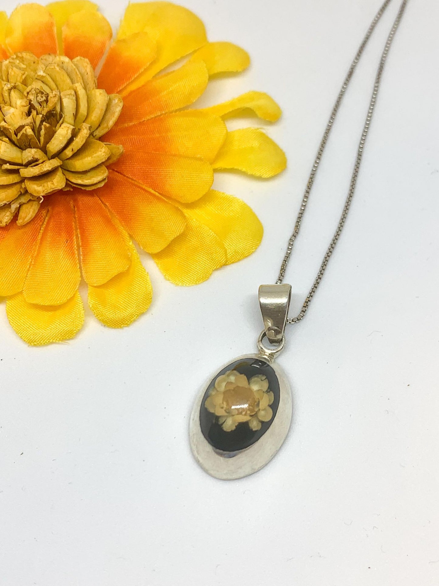 Flower Oval Resin Pendant-Solid Sterling Silver