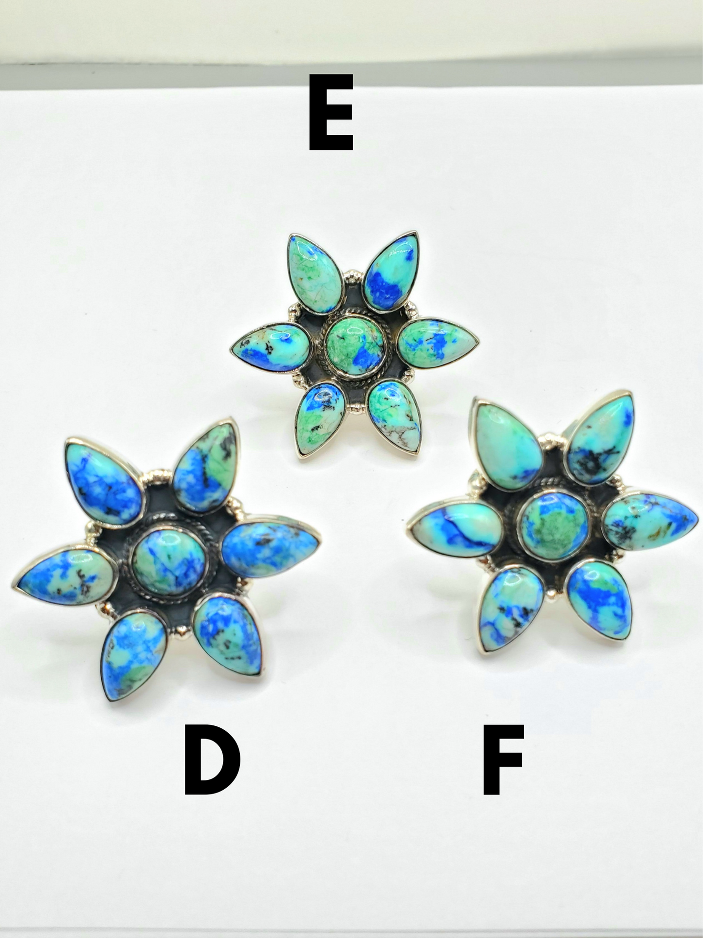 Azurite Malachite & Turquoise Flower Adjustable Ring - Solid Sterling Silver