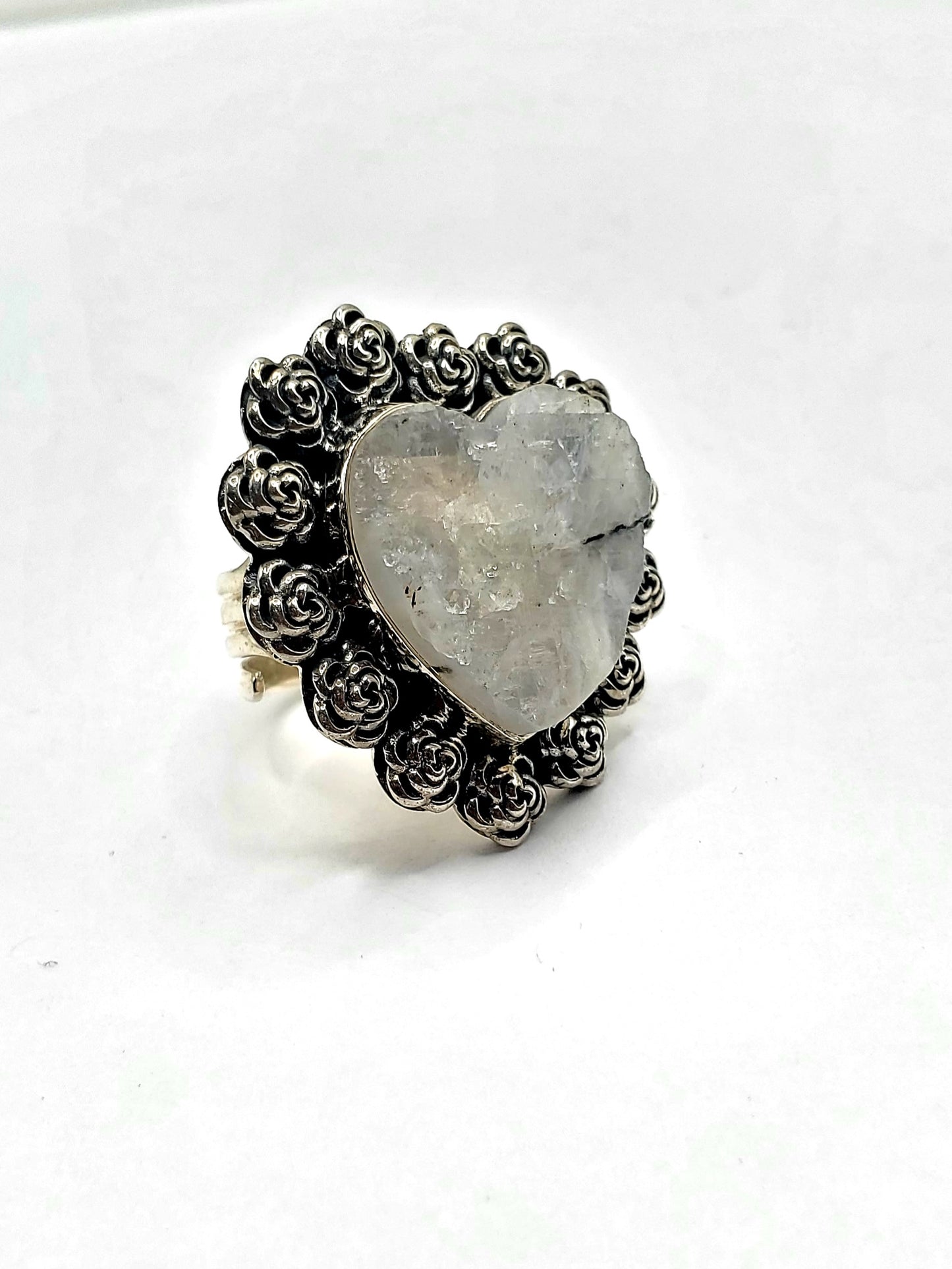 Raw Moonstone Heart and Flowers Ring - Solid Sterling Silver