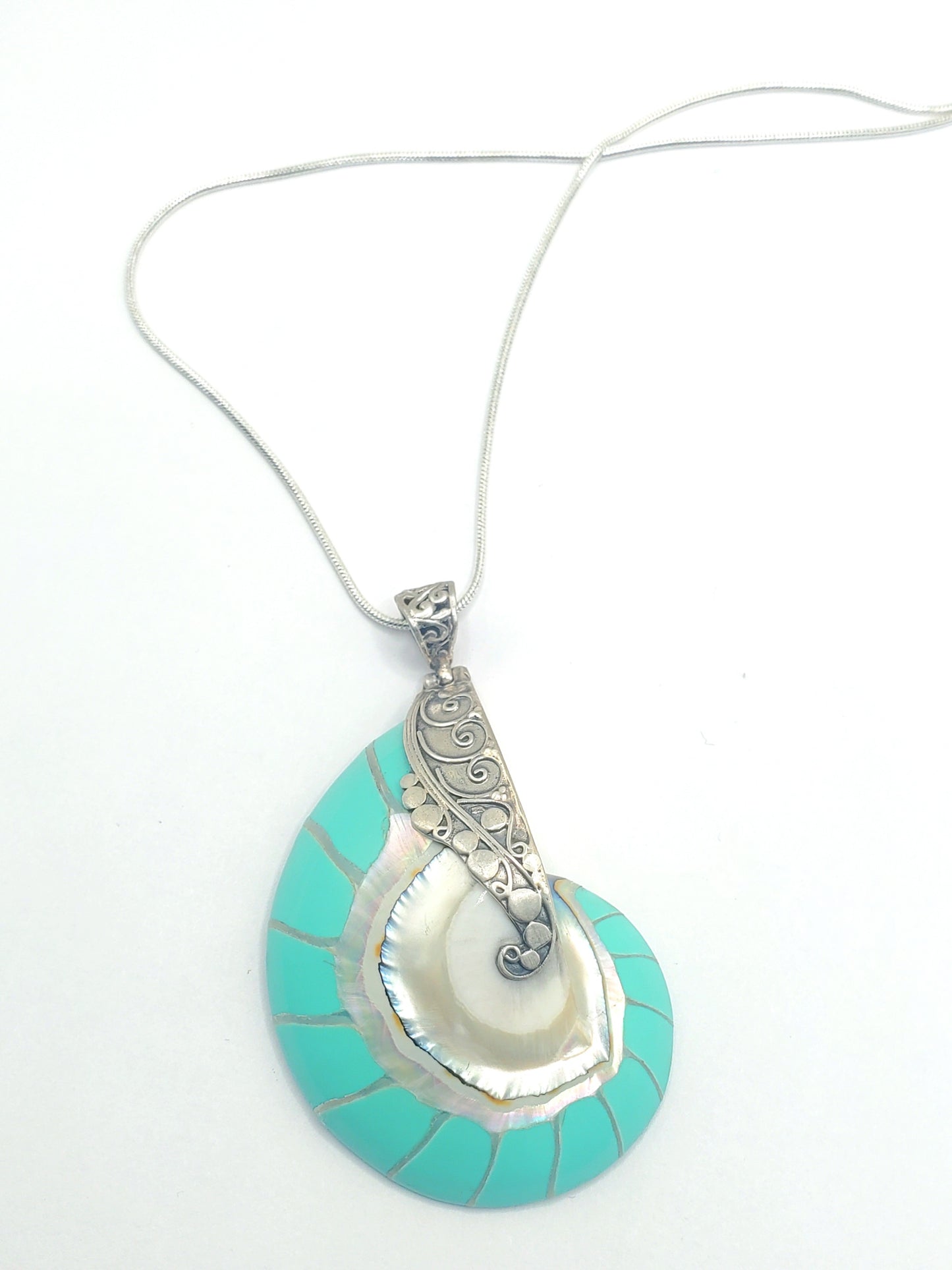 Turquoise Nautilus Shell Pendant - Solid Sterling Silver