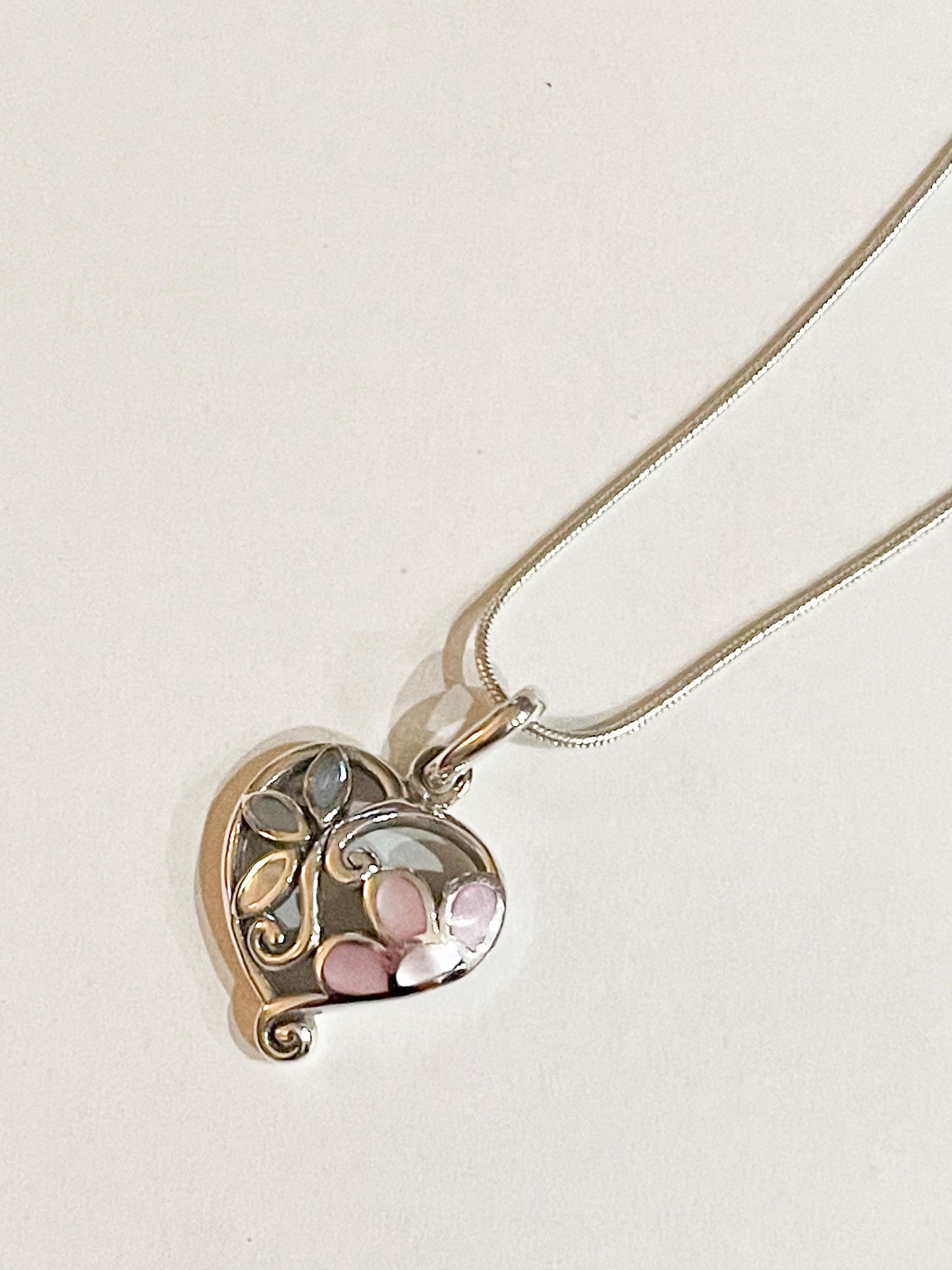 Pink & Blue Mother Of Pearl Heart Pendant - Solid Sterling Silver