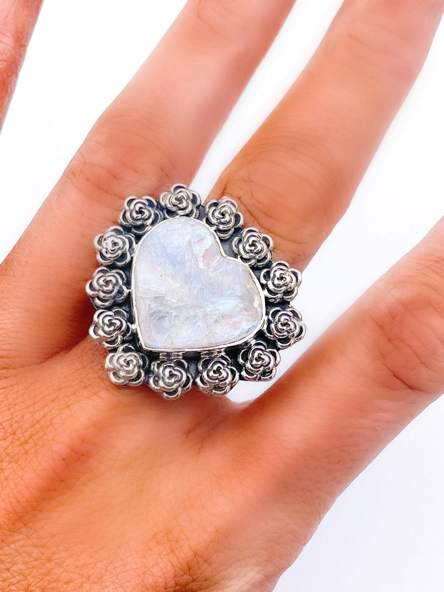 Heart Moon Stone Druzy Rings- Solid Sterling Silver