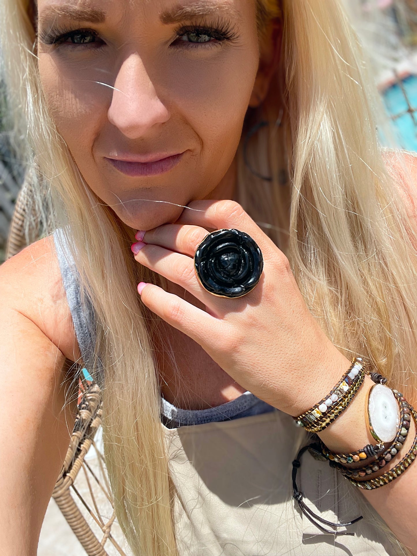 Black Resin Rose Flower Adjustable Ring - Alchemia