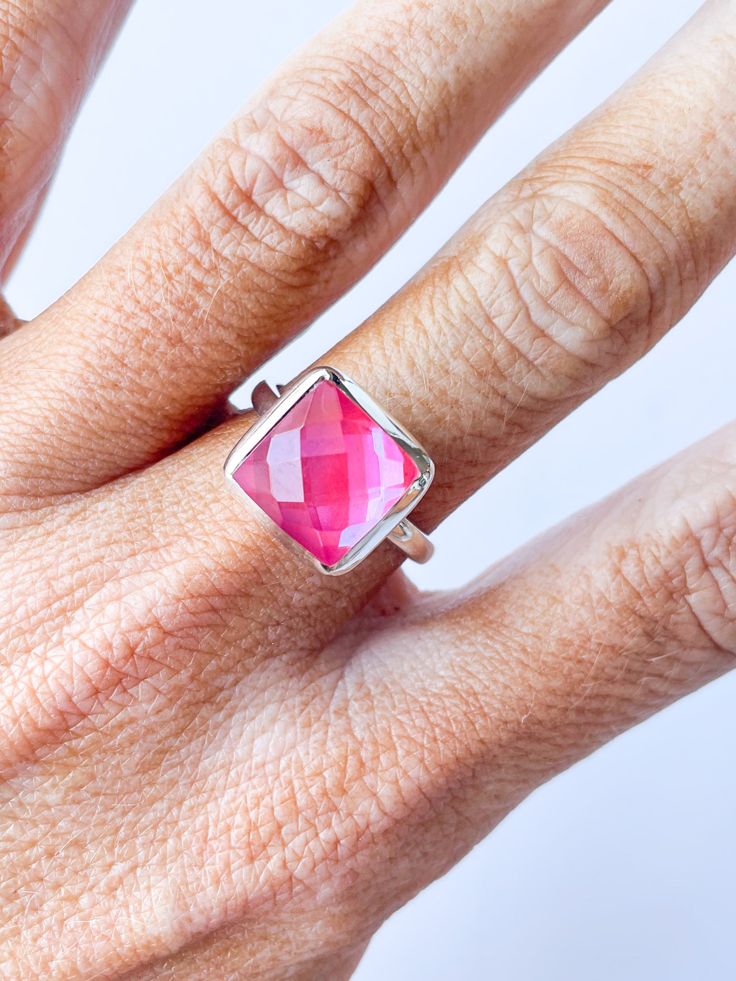 Hot Pink Mystical Glass Square Ring - Solid Sterling Silver