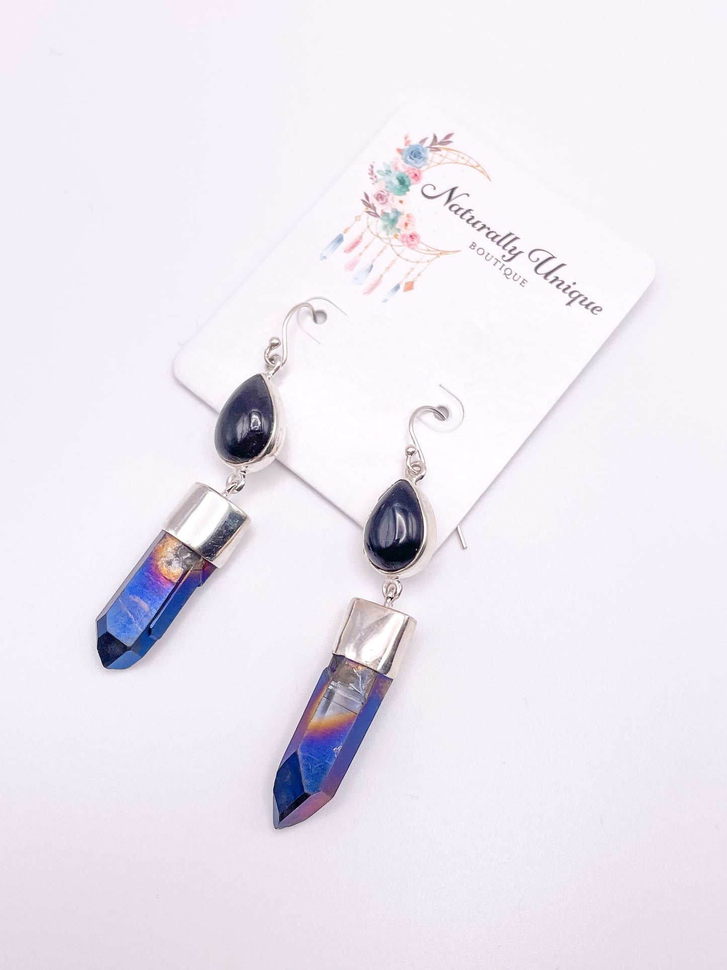 Treated Quartz & Oynx Dangle - Solid Sterling Silver