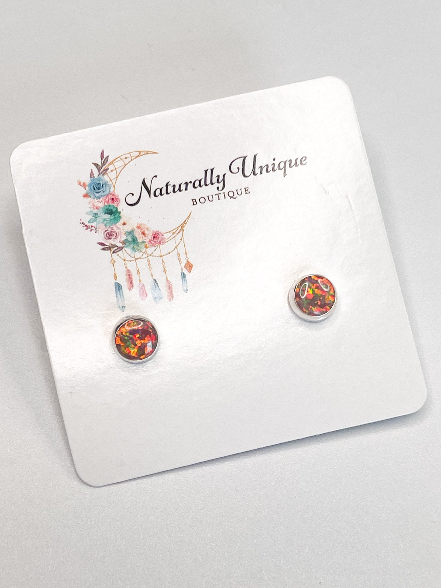 Red Orange Synthetic Opal Stud Post Earrings - Solid Sterling Silver