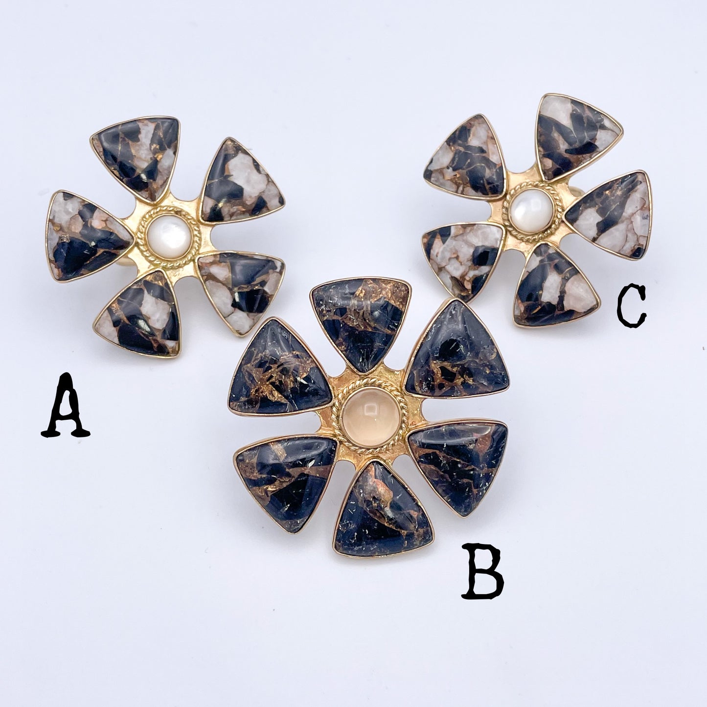 Obsidian Infused with Quartz Flower Adjustable Ring - Alchemia