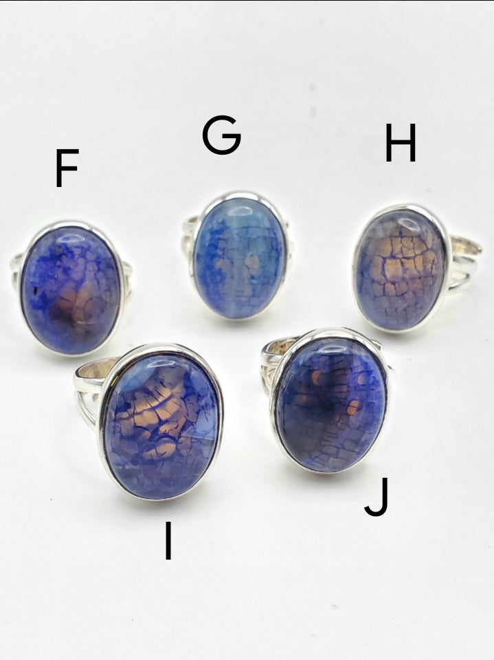 Blue Oval Dragon Stone Adjustable Ring - Solid Sterling Silver