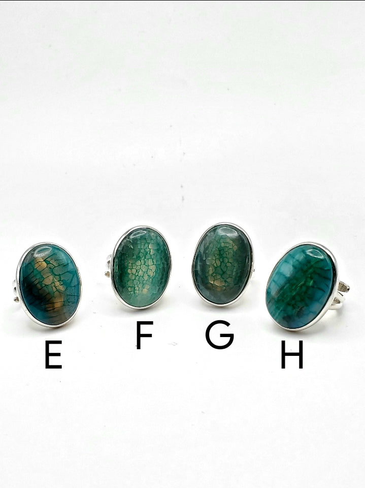 Green Oval Dragon Stone Adjustable Ring - Solid Sterling Silver
