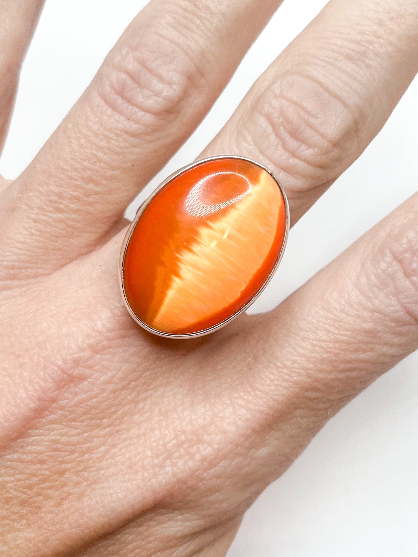 Orange Cats Eye Jade Ring - Solid Sterling Silver