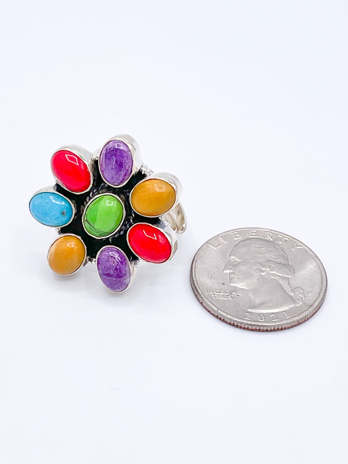 Multi Stone Flower Ring - Solid Sterling Silver