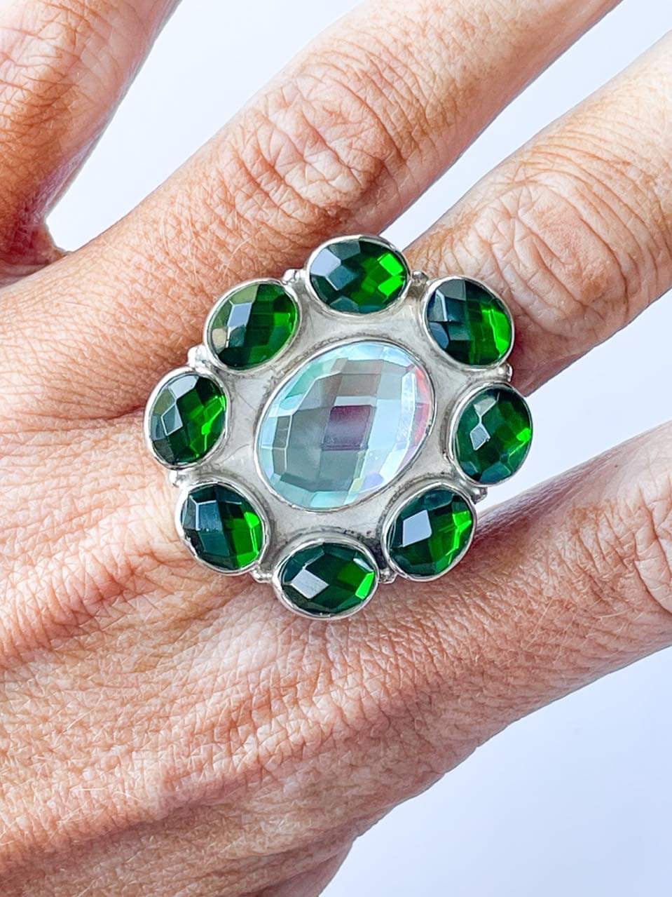 Green and White Mystical Glass Ring-Solid Sterling Silver