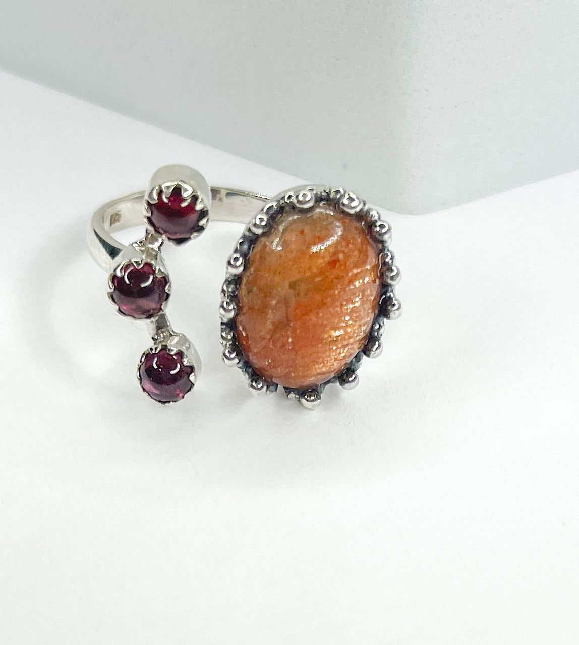 Sunstone And Garnet Adjustable Ring-Solid Sterling Silver