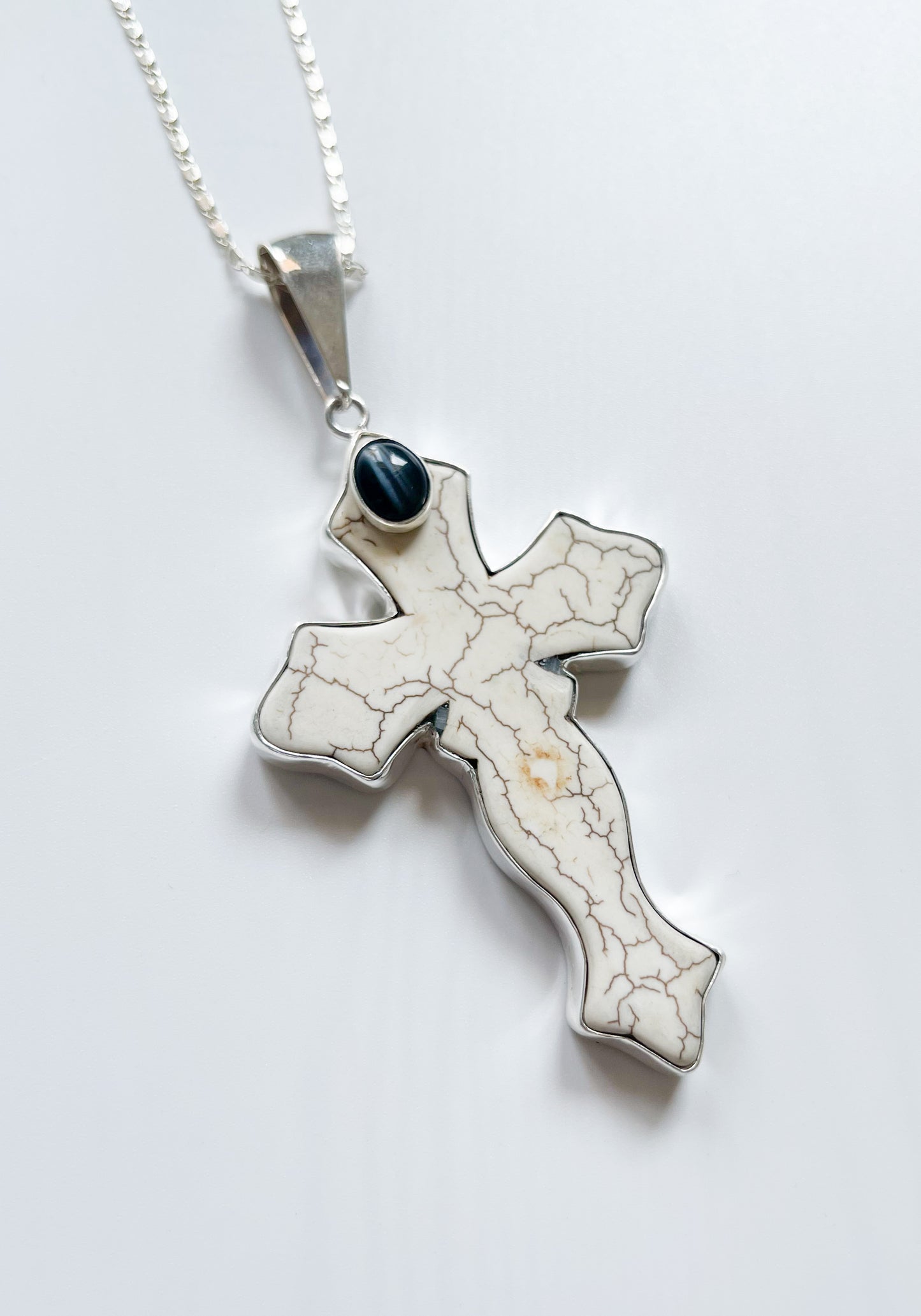 White Howlite Cross with Black Onyx Pendant- Solid Sterling Silver