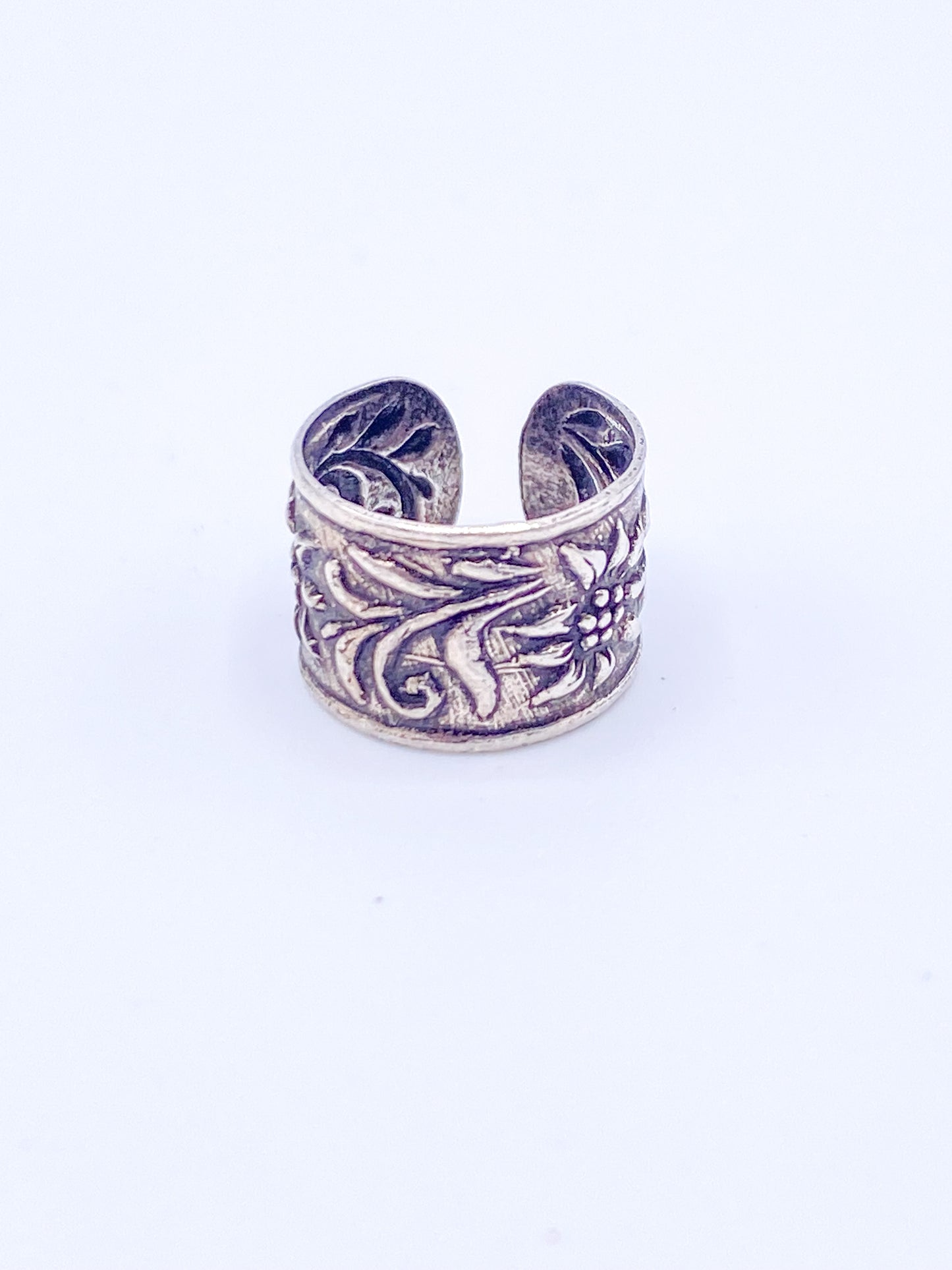 Flower Detail Dark Ear Cuff - Solid Sterling Silver