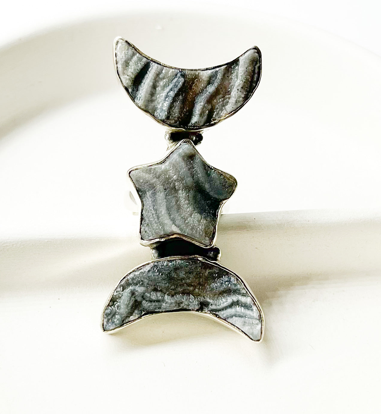Moon and Star Raw Druzy Adjustable Ring Crawler-Solid Sterling Silver