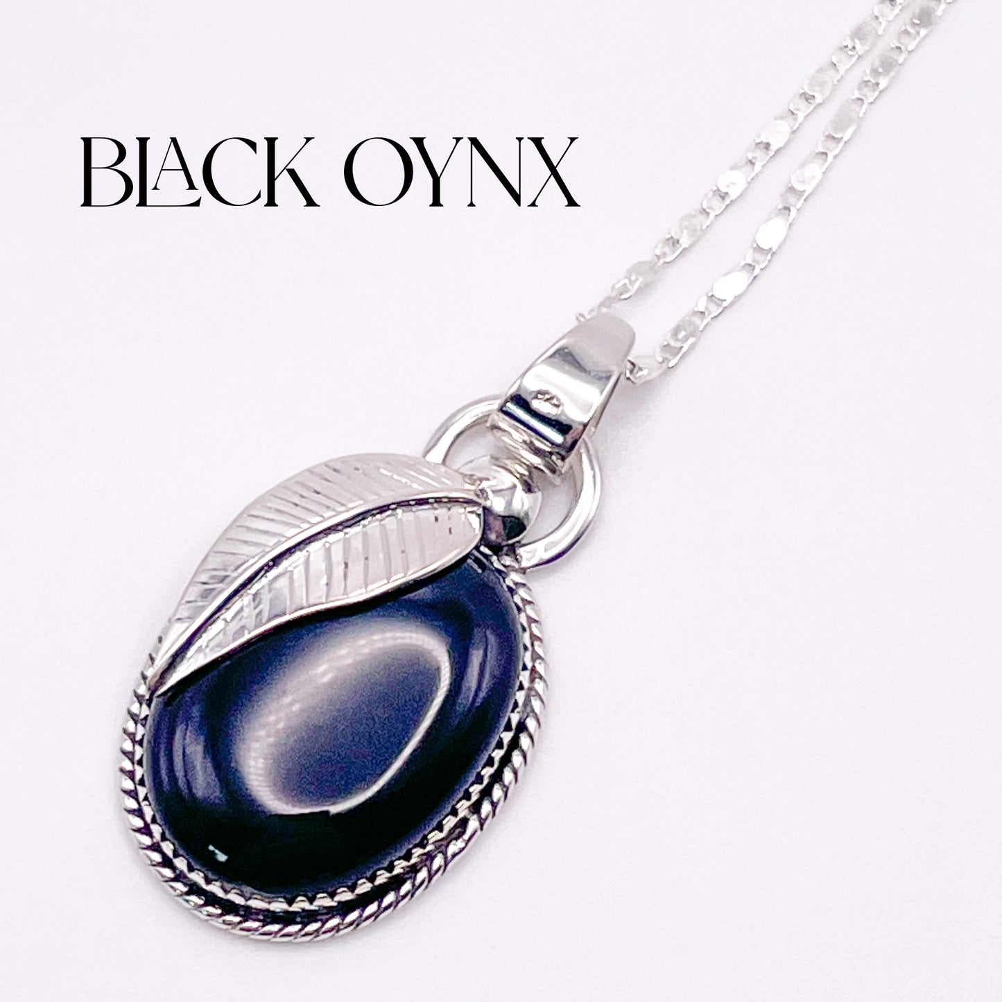 Black Onyx with Leaf Pendant-Solid Sterling Silver