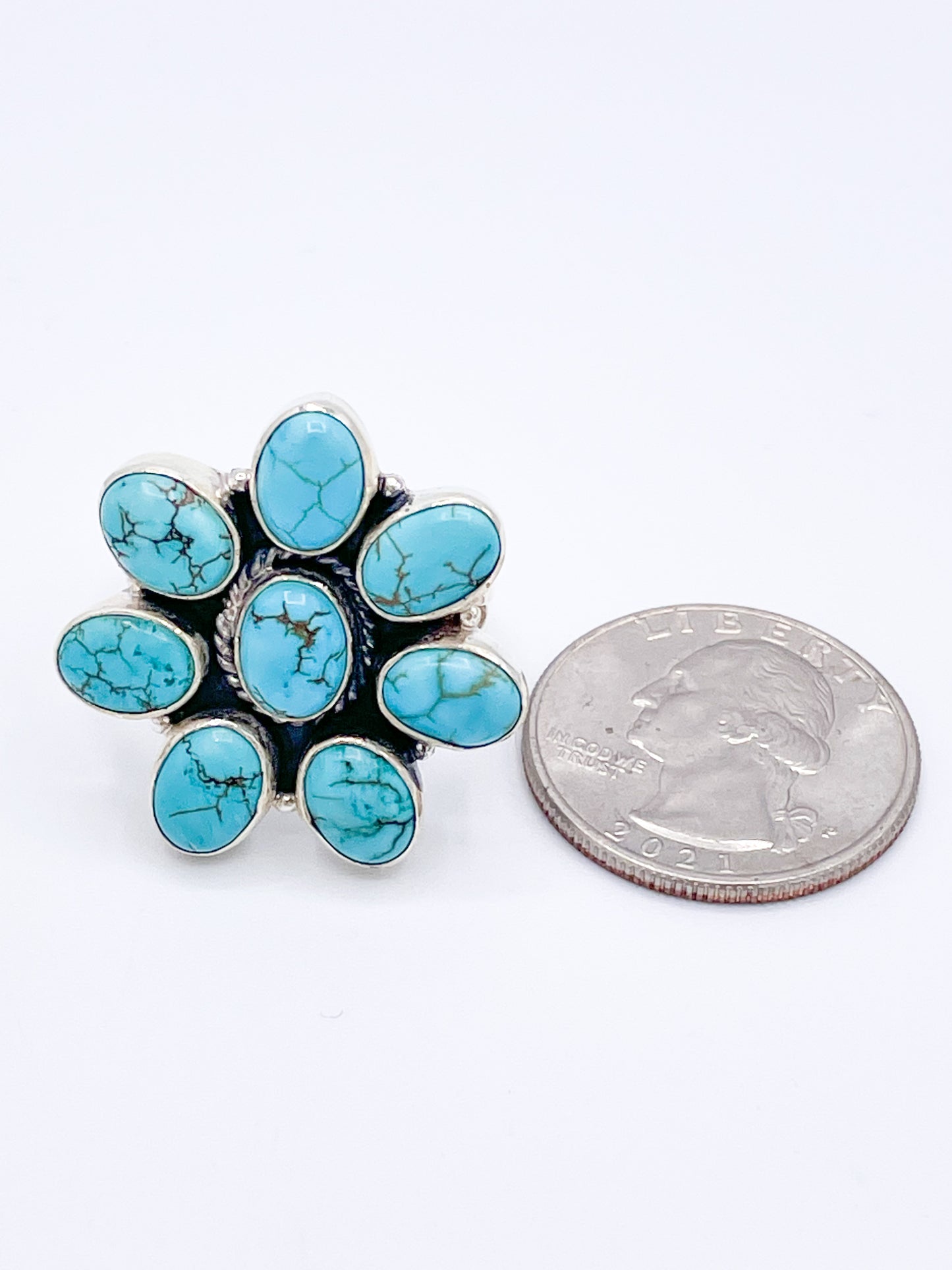Turquoise Flower Ring - Solid Sterling Silver