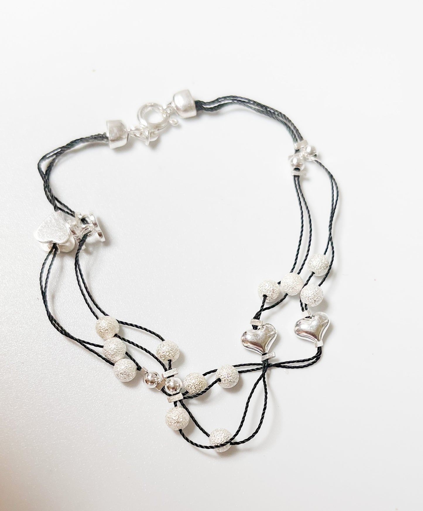 Hearts and balls Silver On A string Bracelet-Sterling silver