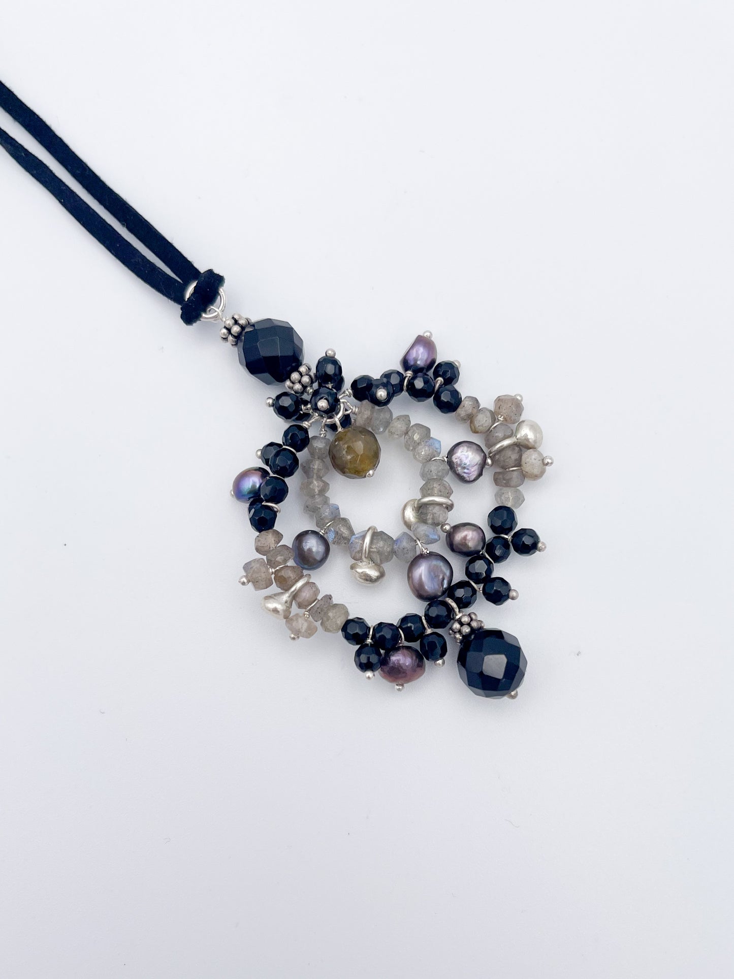 Labradorite, Pearl and Onyx Necklace-Suede Rope