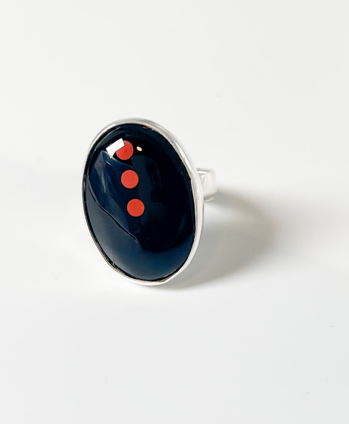 Black Onyx Oval With Triple Red Dot Ring-Solid Sterling Silver