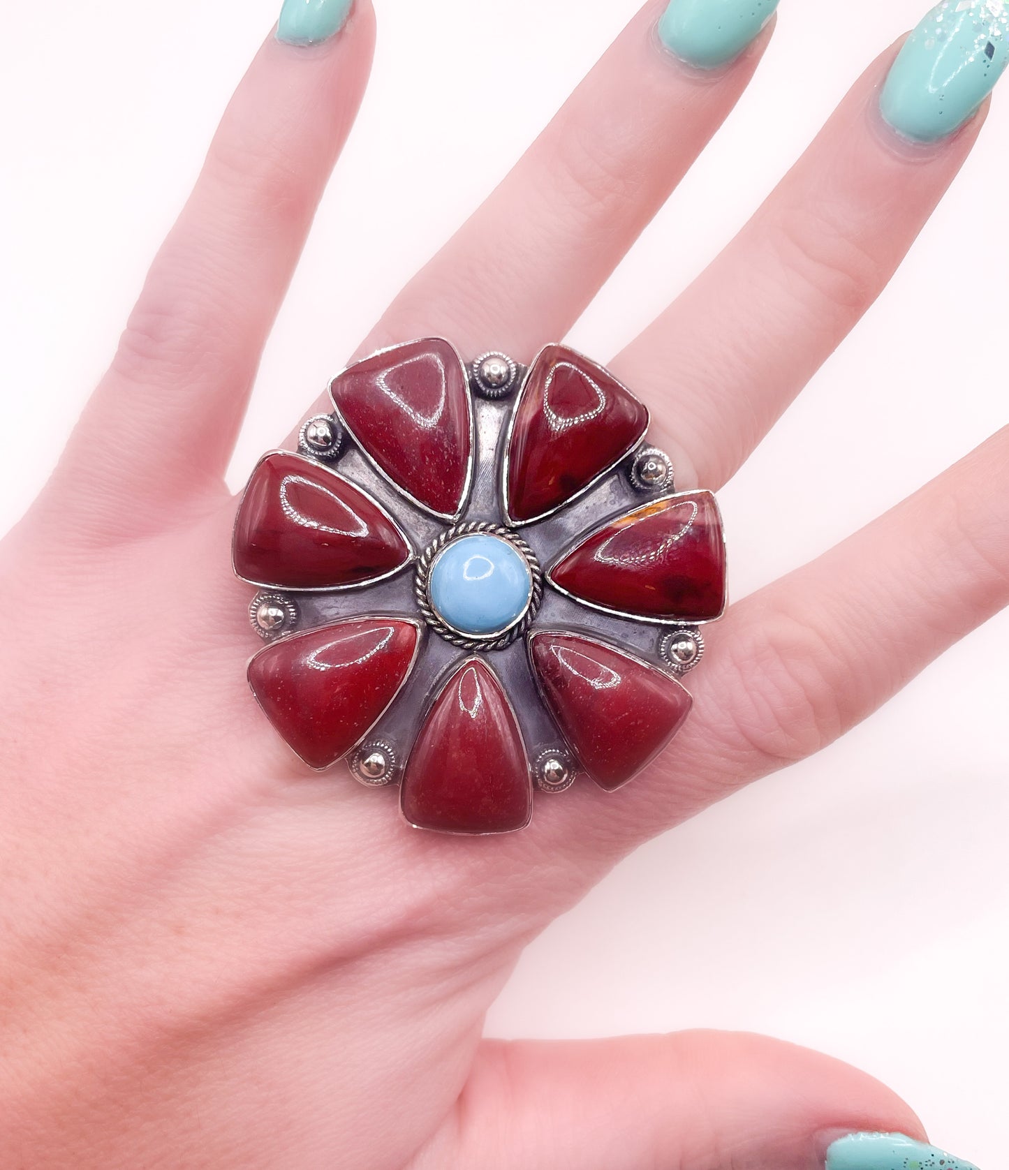 Mookite & Turquoise Flower Ring - Solid Sterling Silver