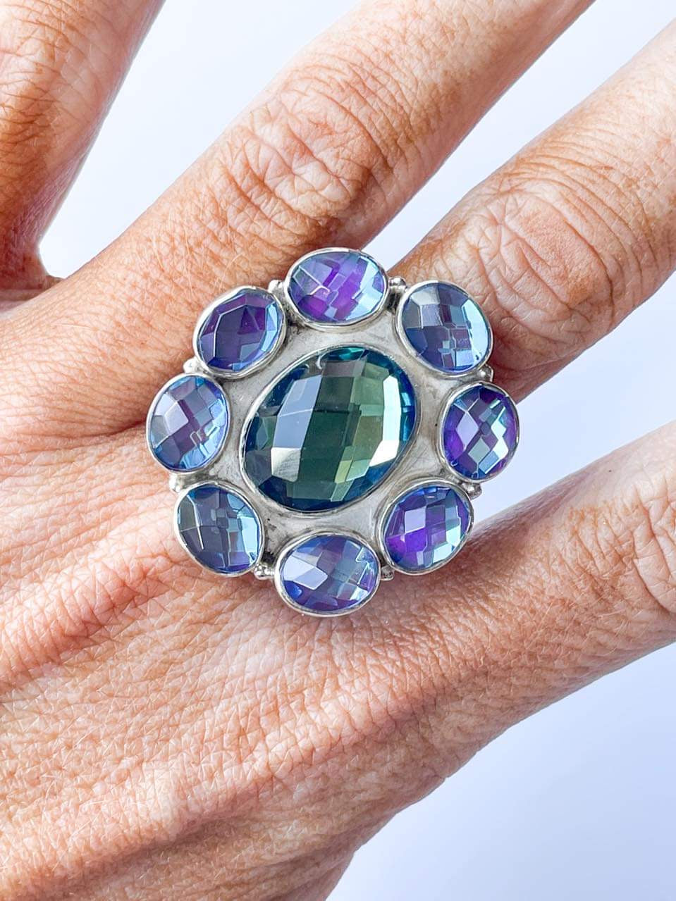 Black Mystical Glass Adjustable Ring-Solid Sterling Silver