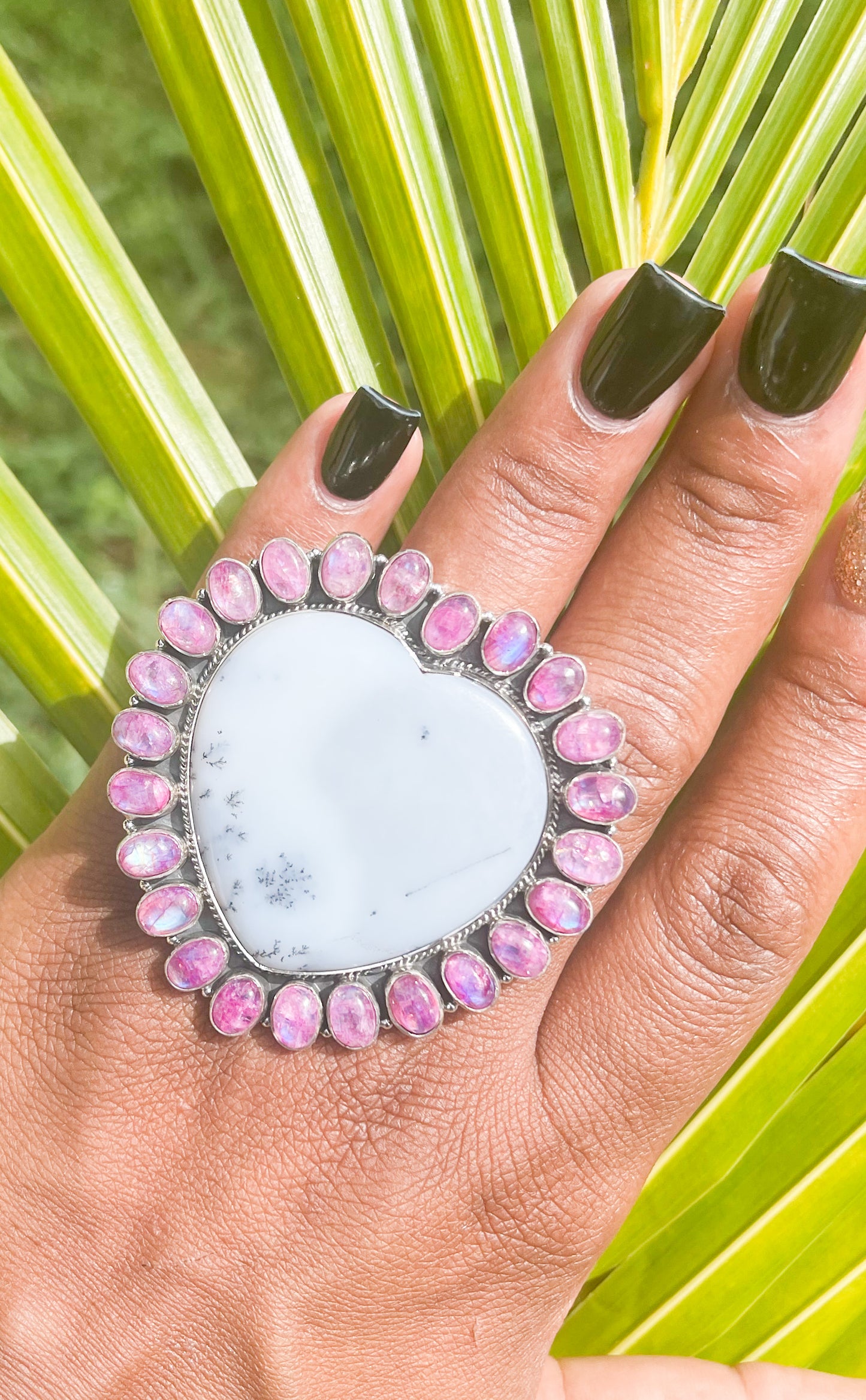 Pink Moonstone & Dendrite Heart Ring-Solid Sterling Silver