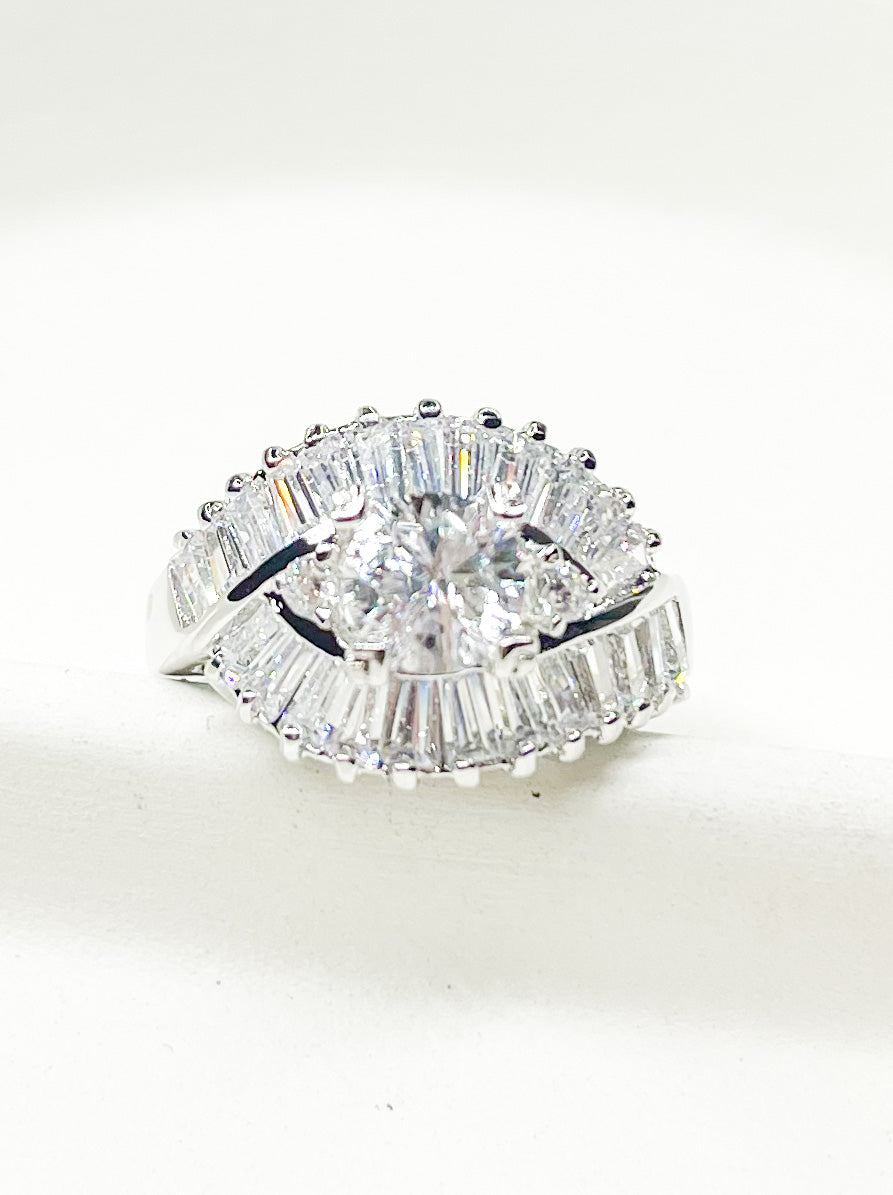 Baguette Evil Eye CZ Sized Ring-Rhodium