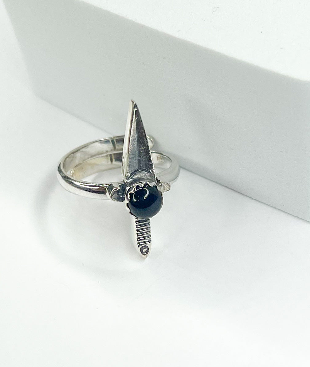Black Onyx Dagger Adjustable Ring-Solid Sterling Silver