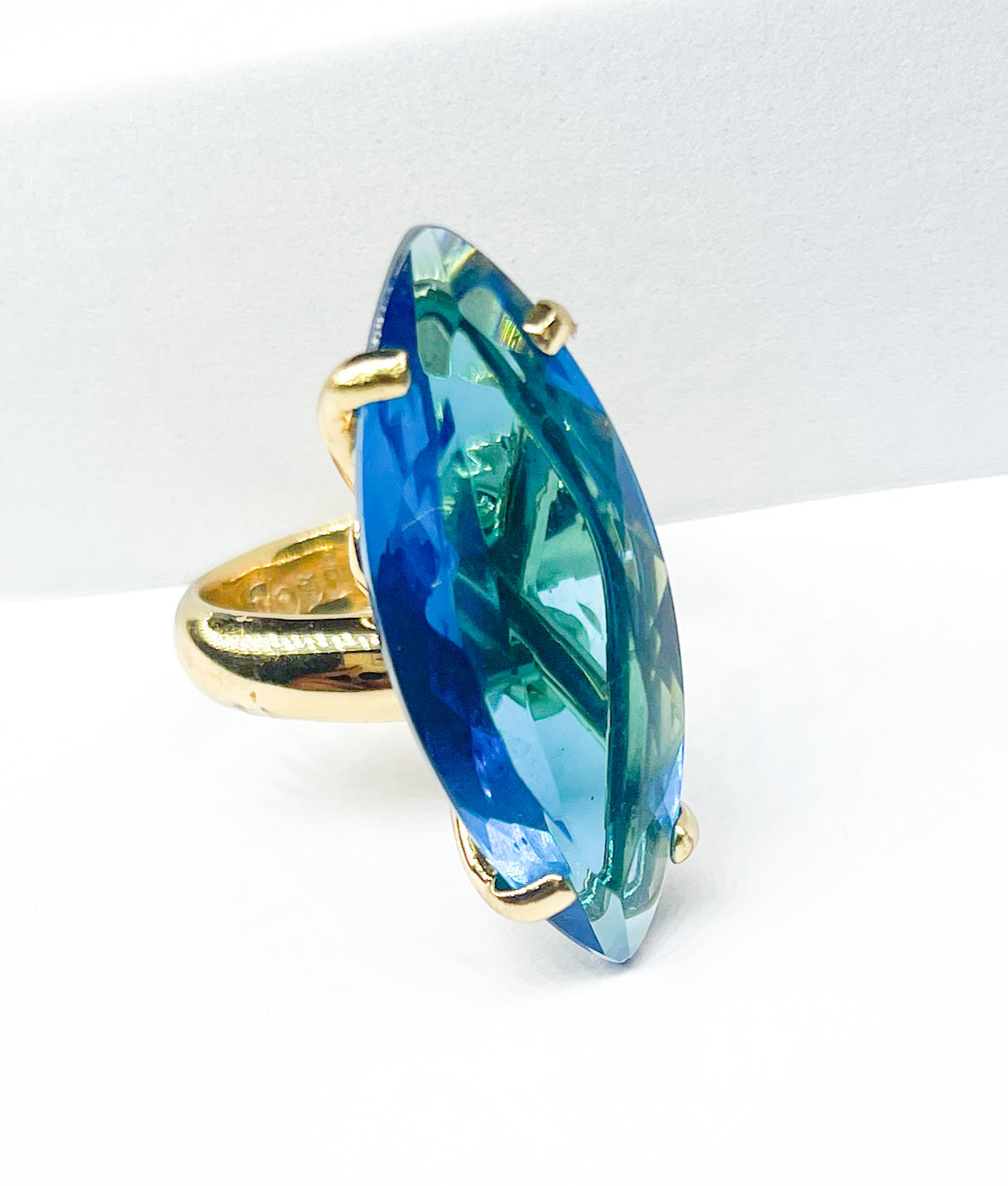 Blue Glass Marquee Cut Prong Set Ring-Alchemia