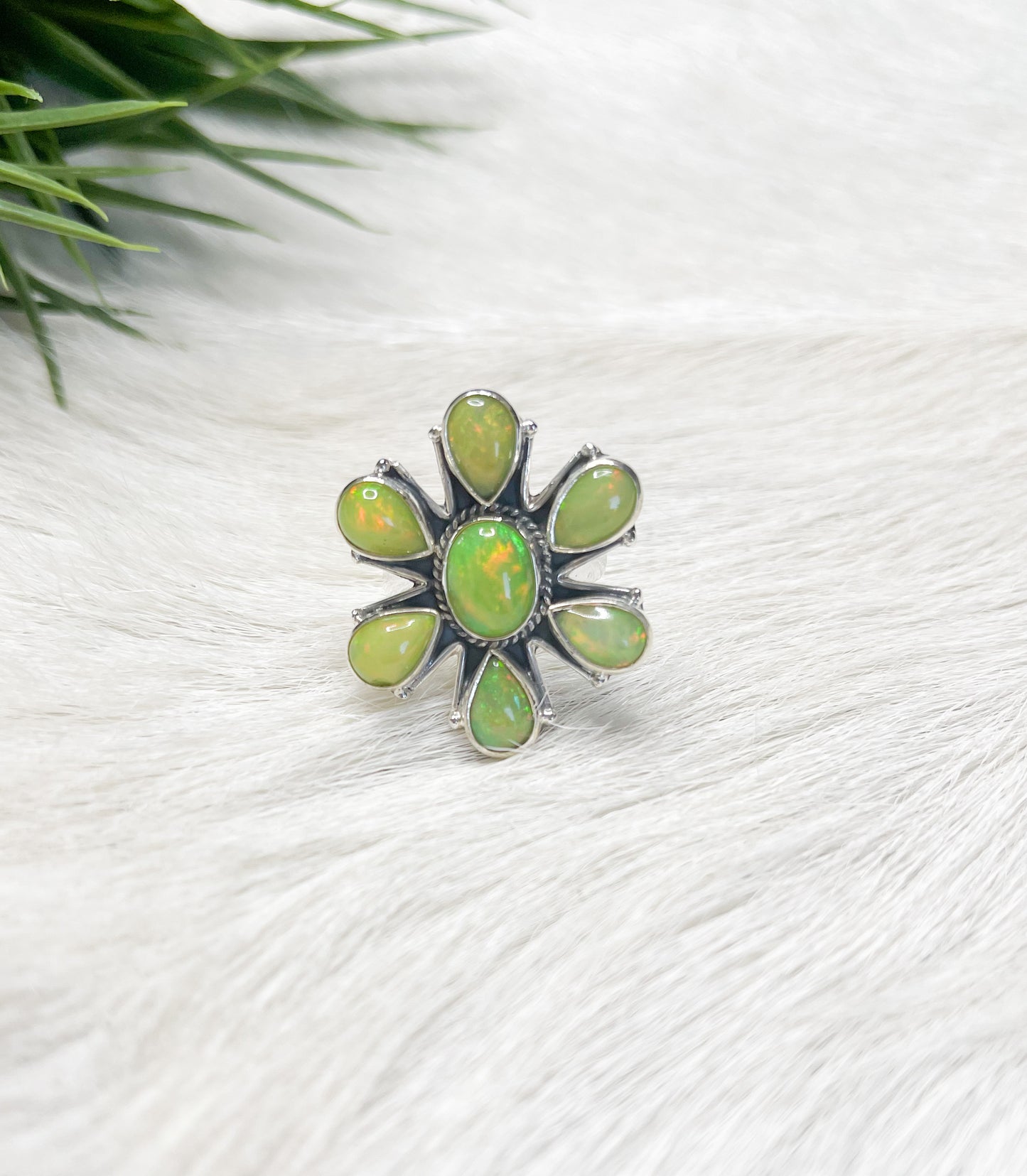 Ethiopian Opal Green Flower Ring-Solid Sterling Silver