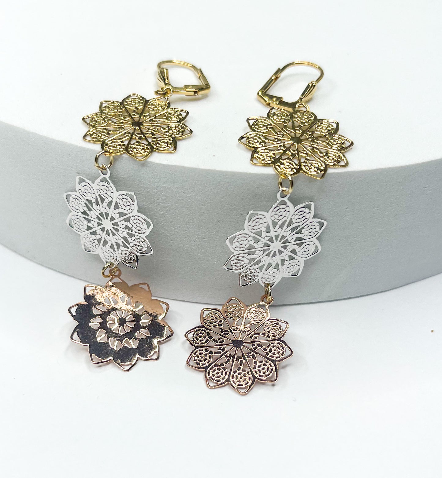 Tri Color Point Flowe Dangles-18k Gold Filled