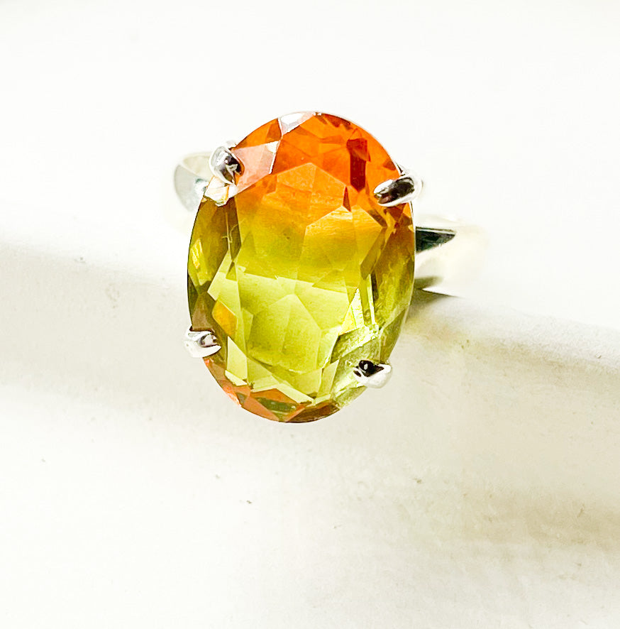 Yellow Orange Fluorite Glass Adjustable Ring-Solid Sterling Silver