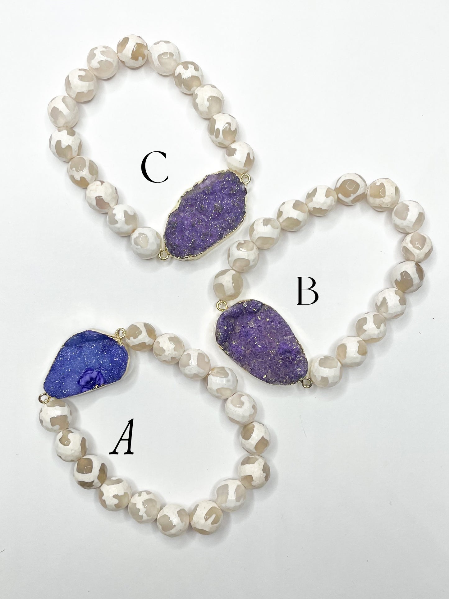 Purple Druzy with White Agate Stretch Bracelet - 115
