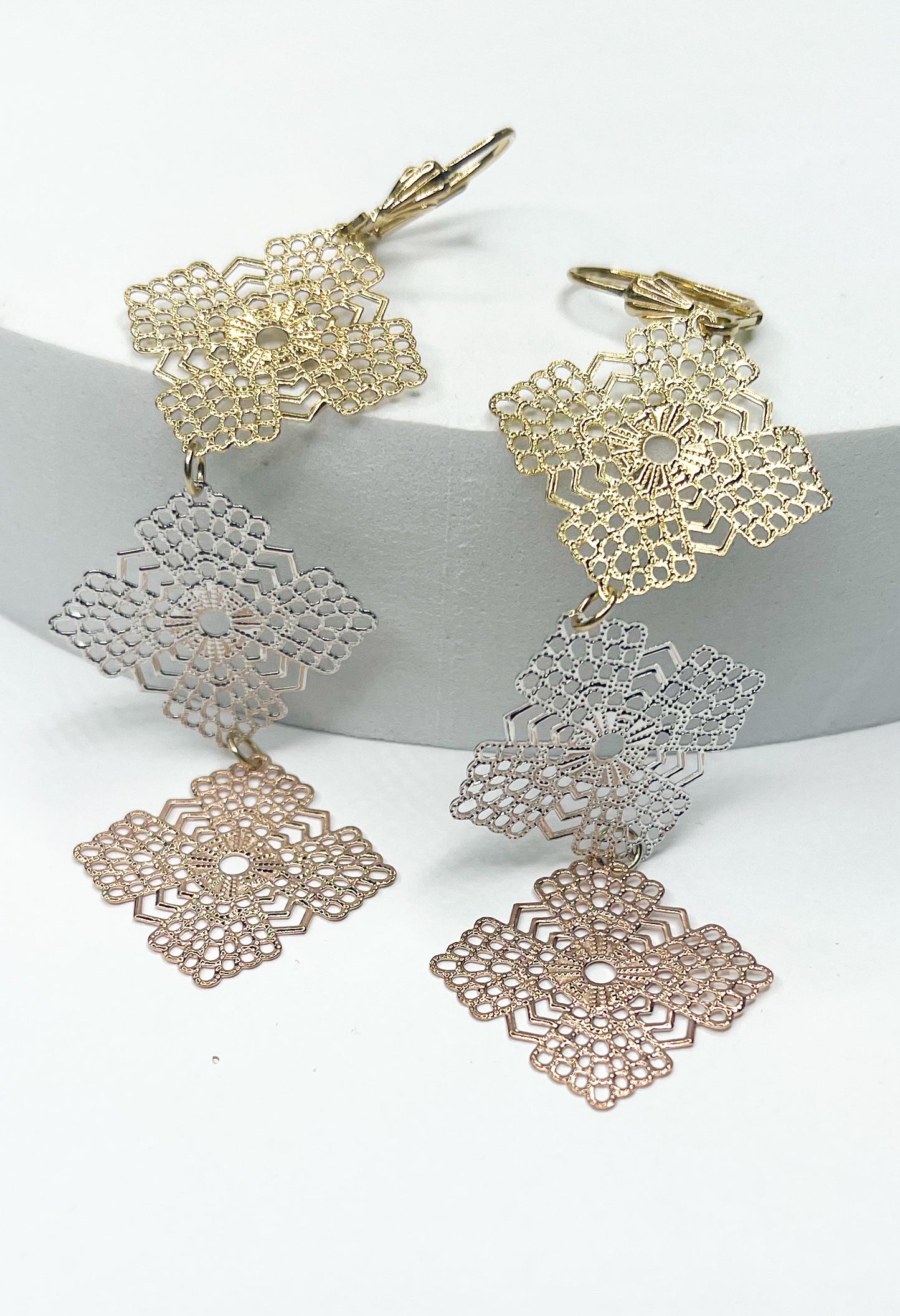 Tri Tone Flower Filigree Dangle - 18k Gold Filled