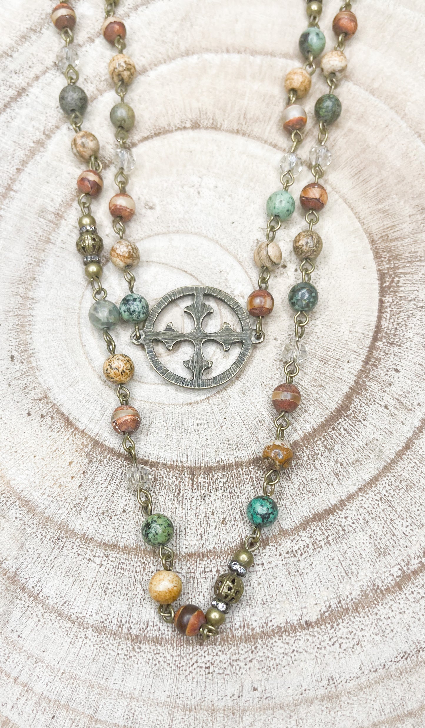ROSARY STYLE TRIPLE CROSS NECKLACE