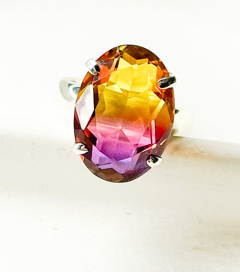 Purple And Yellow Flourite Glass Adjustable Ring-Solid Sterling Silver