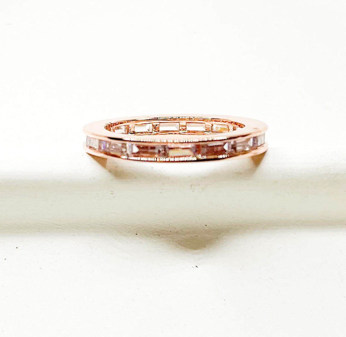 Rose Gold Thin Band CZ Sized Ring-Rhodium