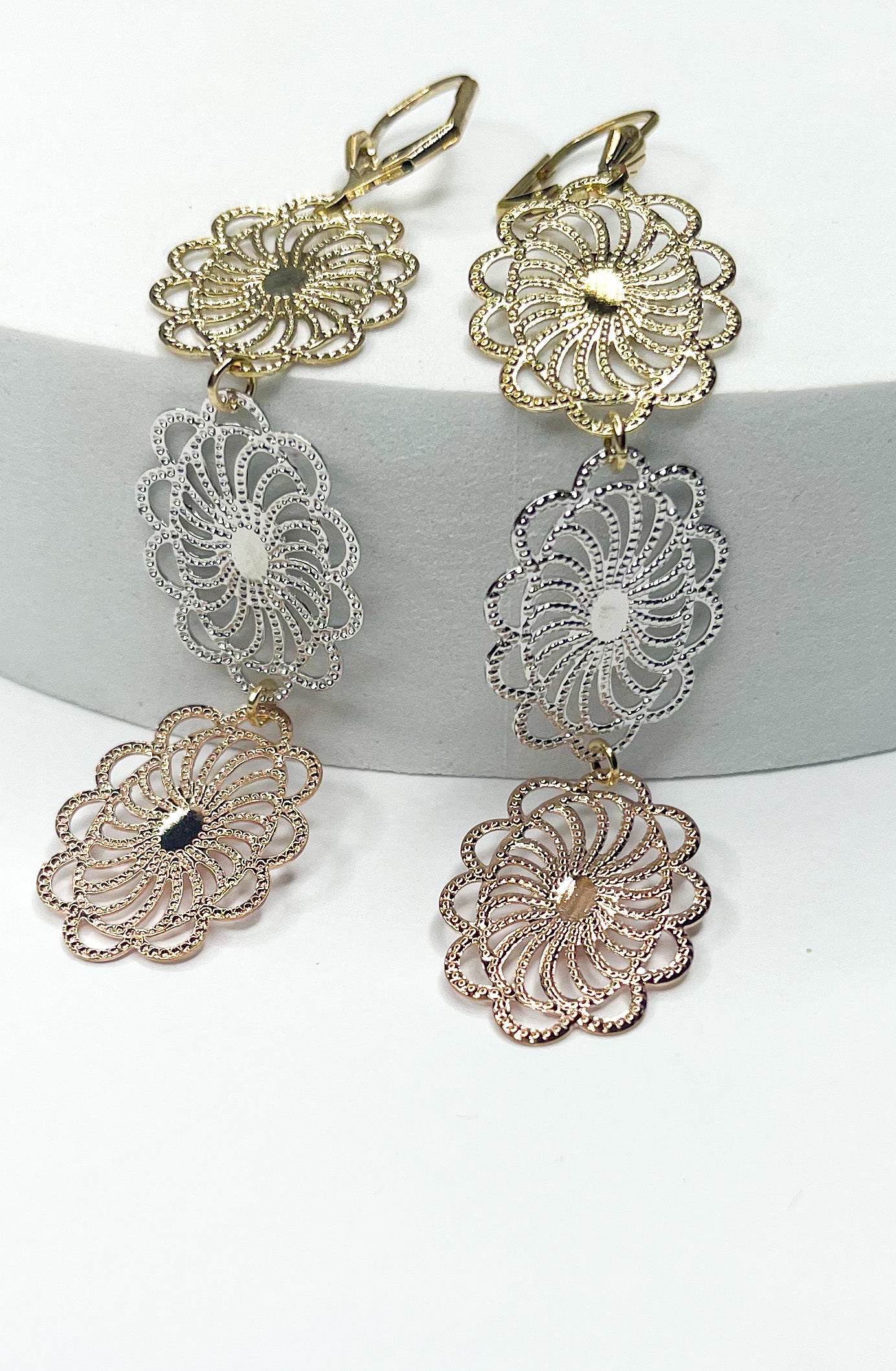 Tri Color Oval flower Dangles-18k Gold Filled