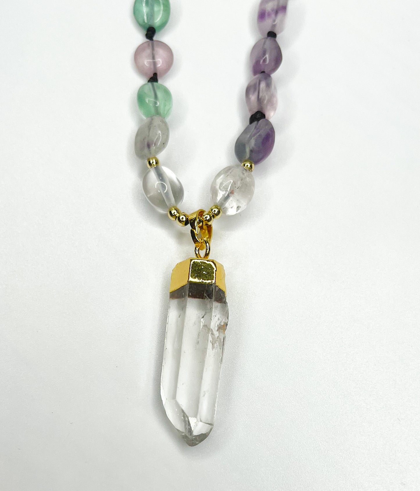 Natural Stone Flurite Necklace With Clear Quartz Drop pendant