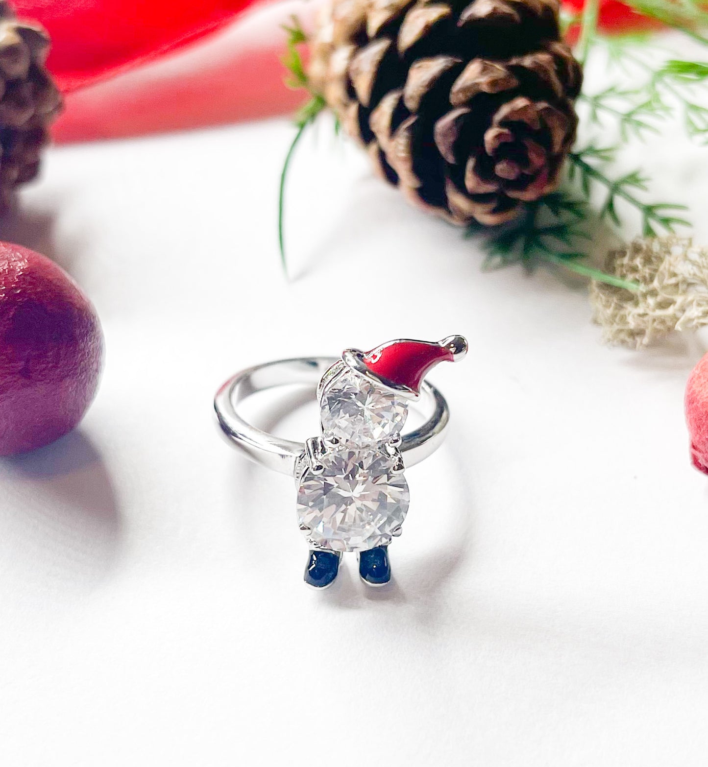 Santa Hat Snow Man Sized Ring-Rhodium