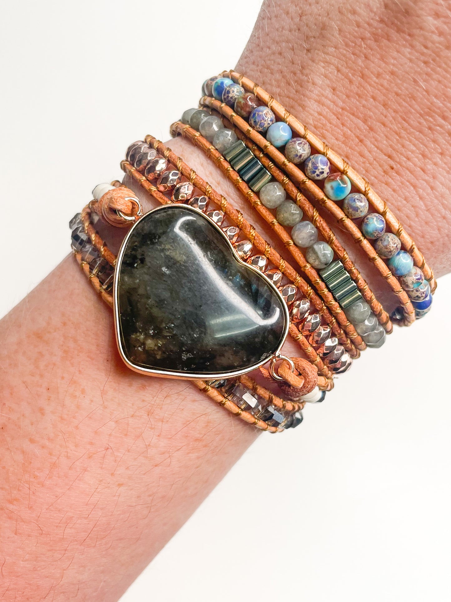 Heart Labradorite 5-time boho wrap - Leather