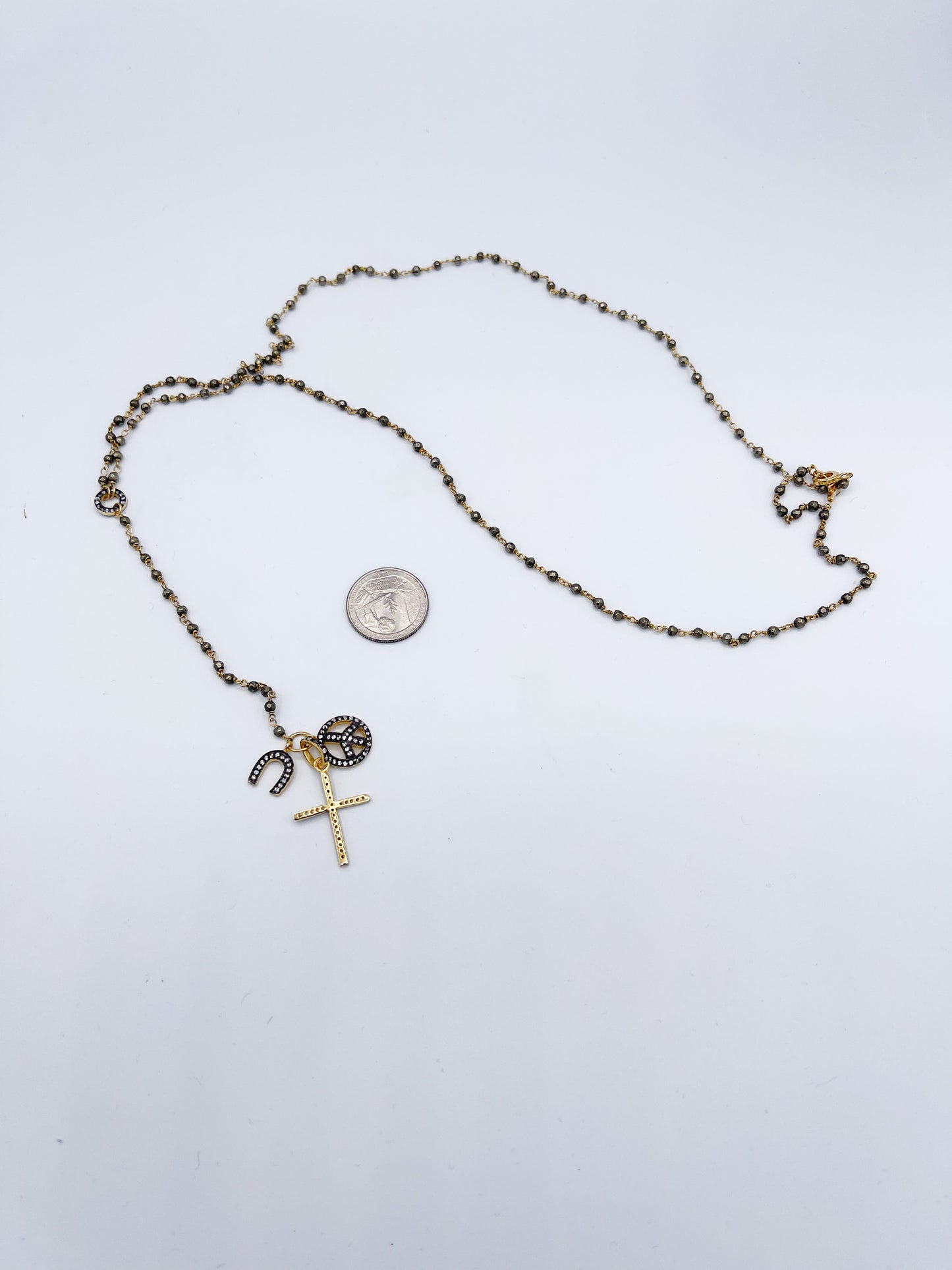 Hematite Rosary design Necklace W Vermile Gold