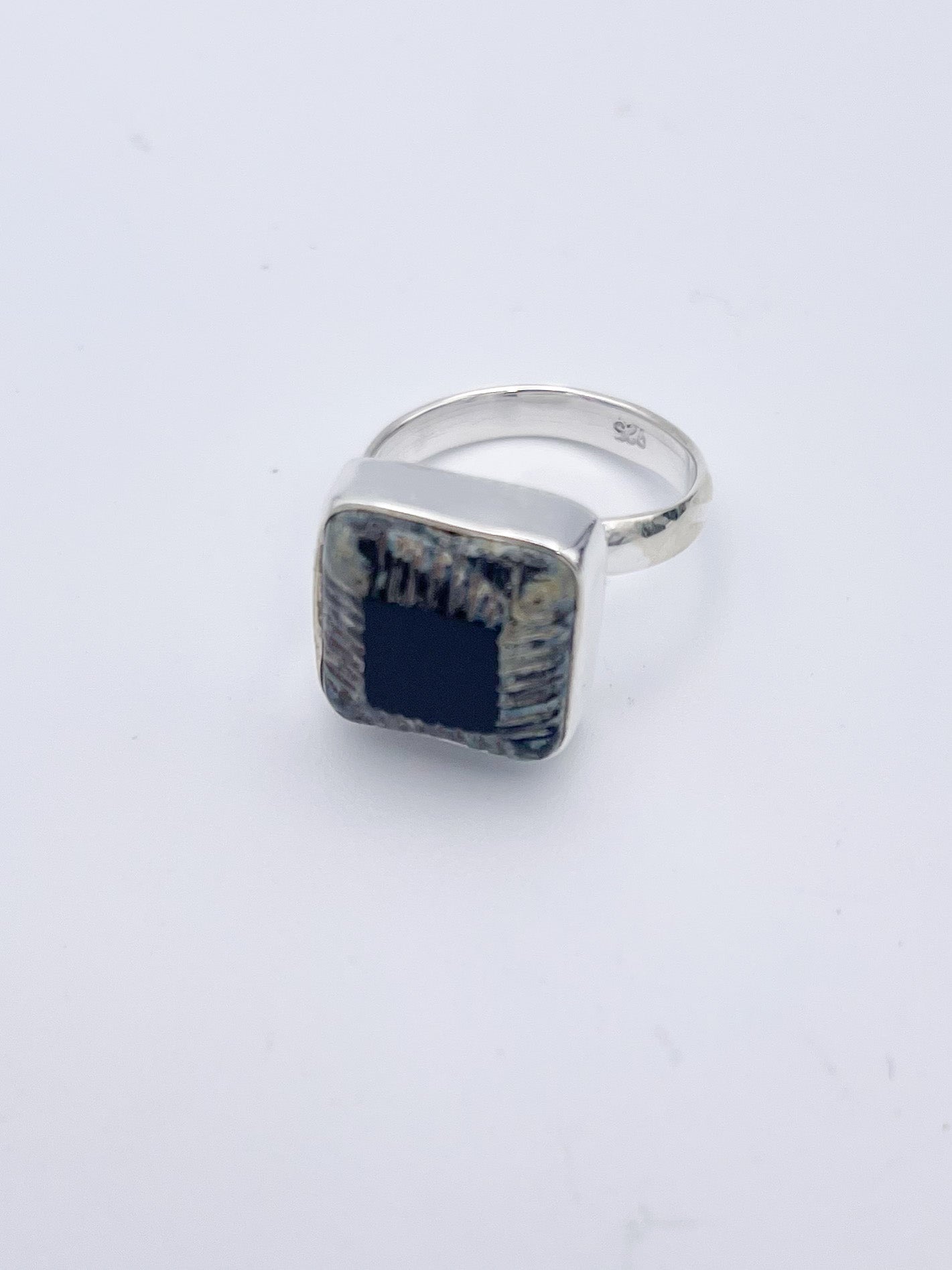 Black Square Glass Adjustable Ring-Solid Sterling Silver