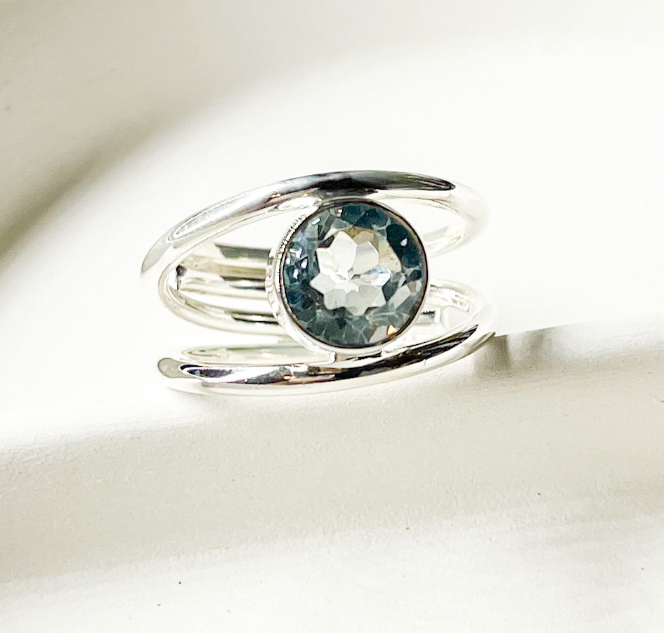 Blue Topaz Double Bar Ring-Solid Sterling Silver