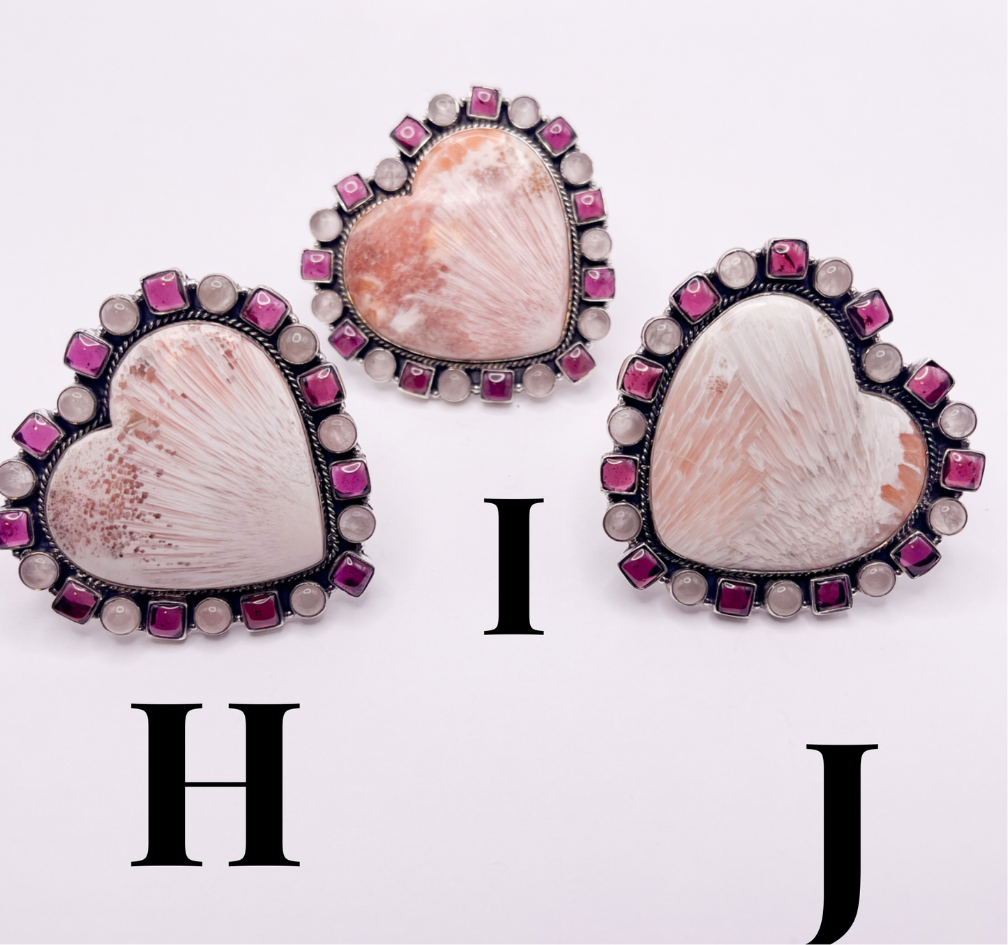 Ruby Garnet Moonstone Scolecite Heart Ring - Solid Sterling Silver