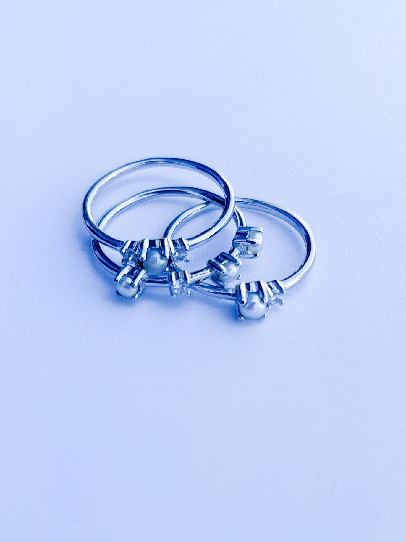 Dainty Triple Pearl and CZ Rings - Solid Sterling Silver