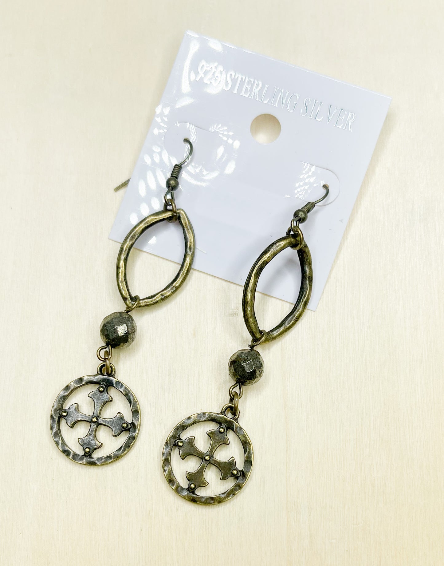 PYRITE DANGLE CROSS EARRING